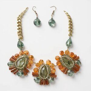 Green brown glass bead necklace earring set